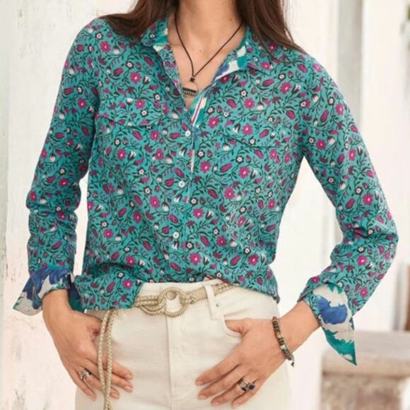 Sundance Floral Joy Button Down Shirt Long Sleeve Blue Purple Green Boho Size S - Picture 2 of 15